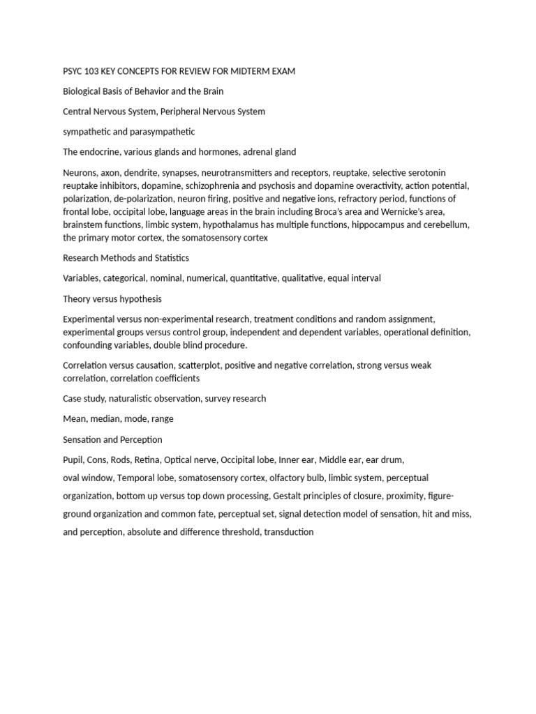 Psyc 103 Key Concepts For Review For Midterm Exam | PDF