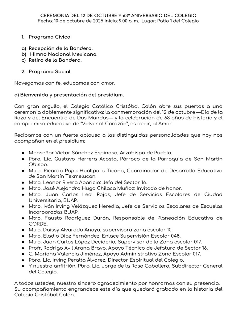 Ceremonia 12 de octubre y 63 años del Colegio | PDF | Cristobal colon