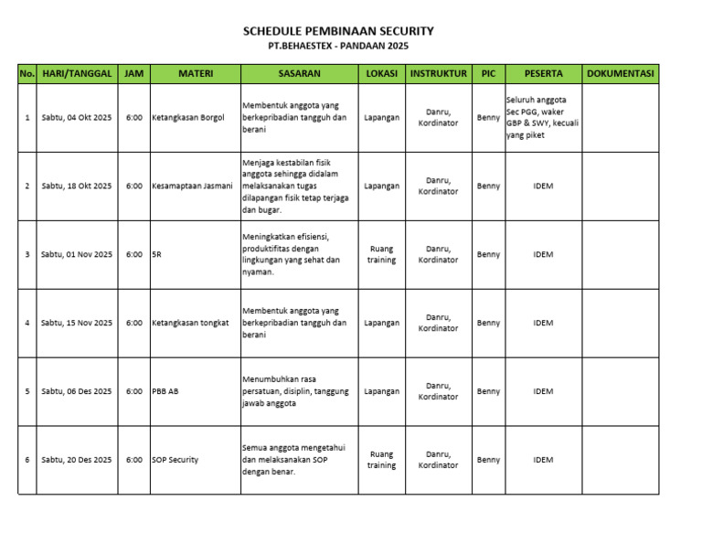 Jadwal Pembinaan Security 2025 | PDF
