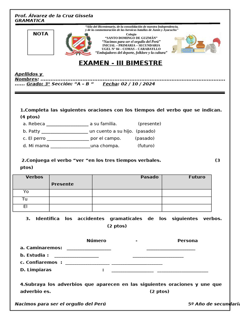 Examen de Gramática para 3° Grado | PDF | Verbo | Semántica
