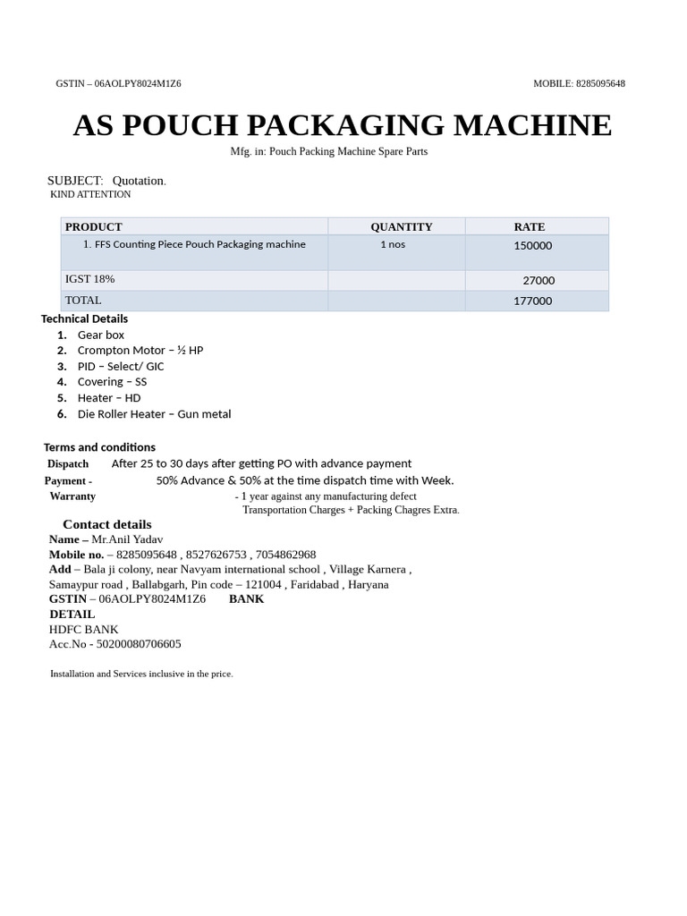 Quotation for Pouch Packaging Machine | PDF