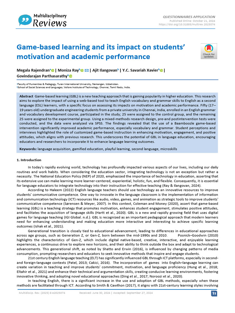 Game-Based Learning in ESL Education | PDF | English As A Second Or ...