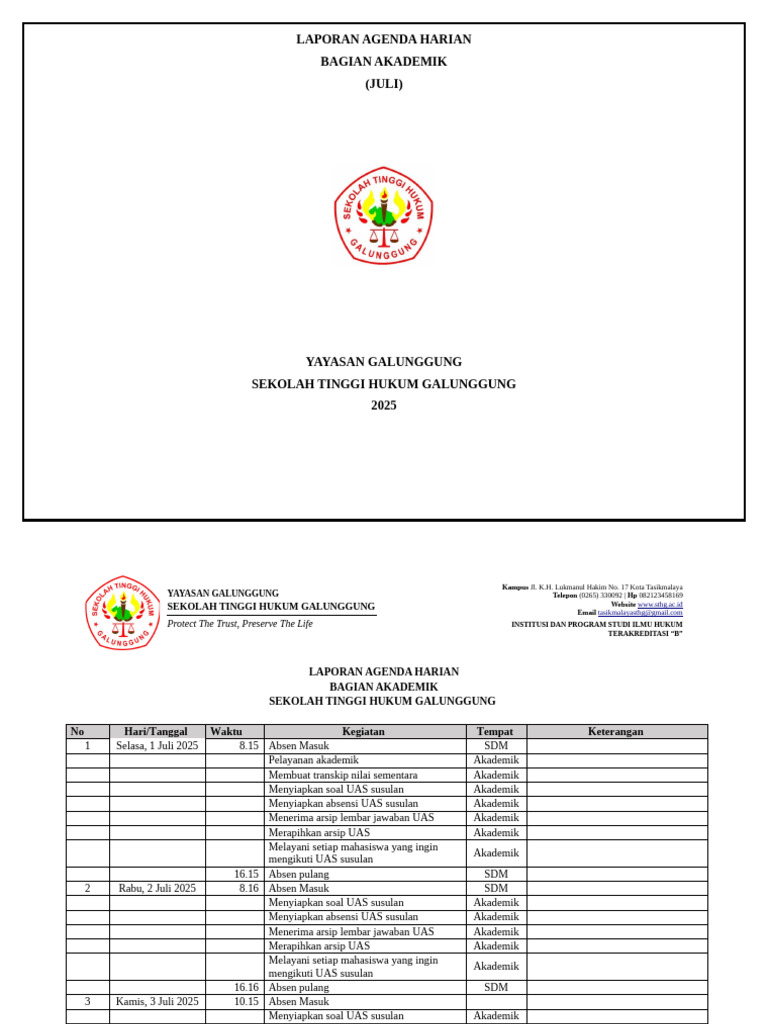 Laporan Agenda Harian Akademik STHG | PDF