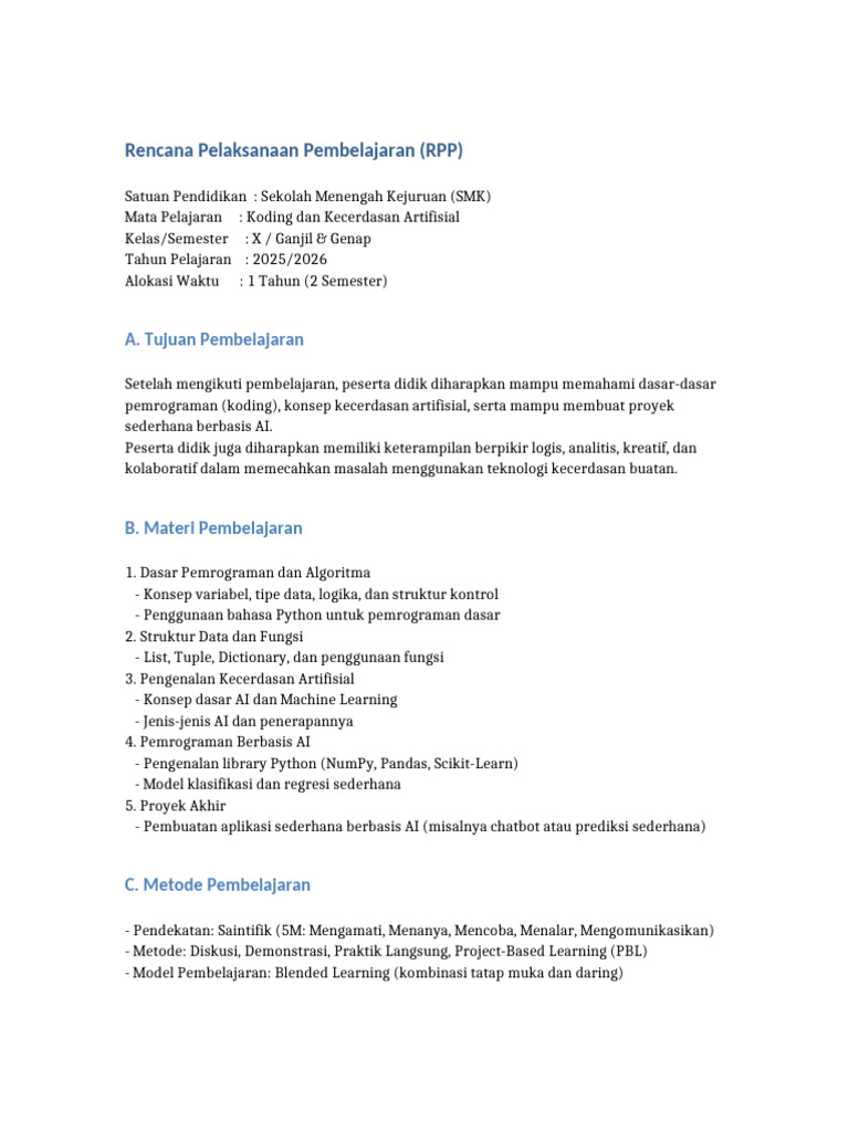 RPP Koding & Kecerdasan Artifisial SMK | PDF