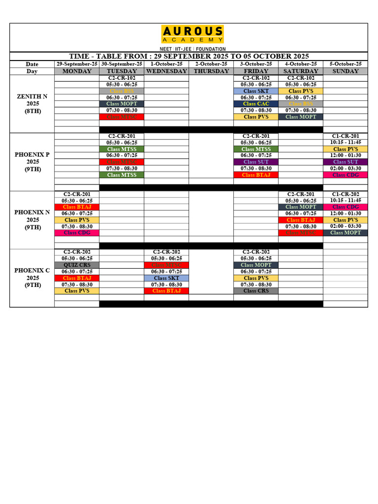 TimeTable 29 September To 29 October 20251759069418193 | PDF | Academic ...