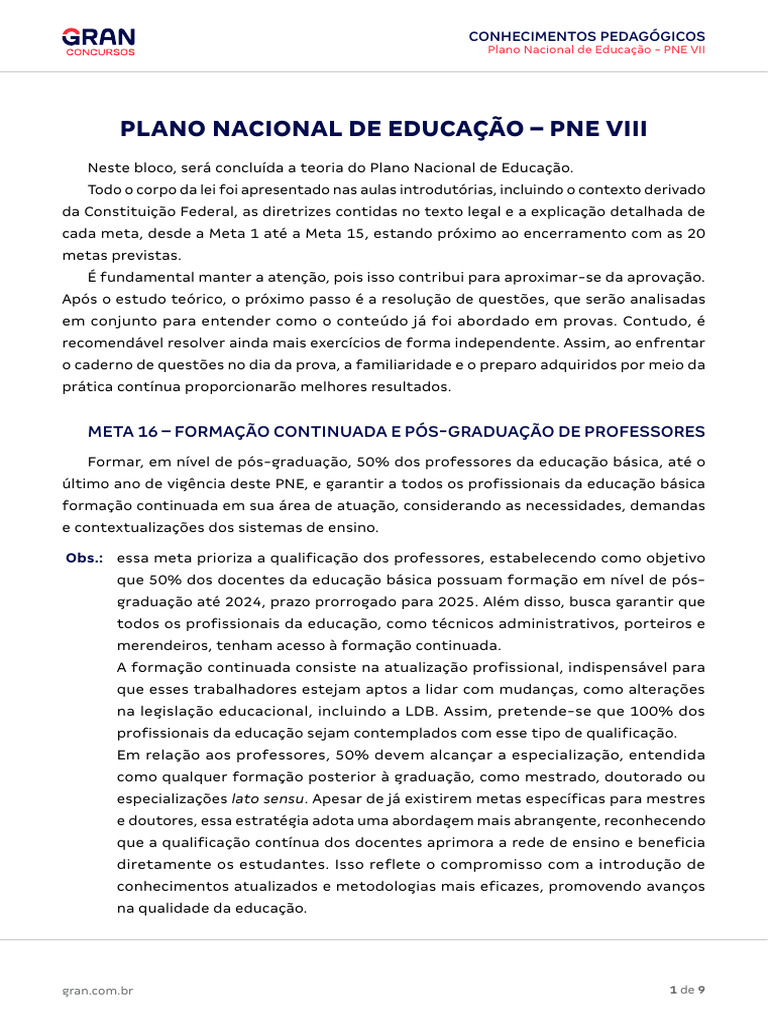 Plano Nacional de Educação - Pne Viii | PDF | Pedagogia | Pós-graduação