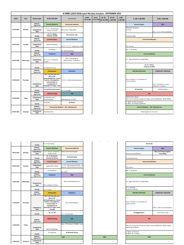 MBBS 2023-2024 Monthly Schedule September | PDF | Medicine | Clinical ...