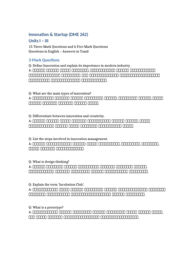 Innovation and Startup Units 1 To 3 QA | PDF
