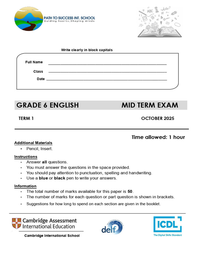 Grade 6 English Mid Term Exam 2025 | PDF | Rosa Parks
