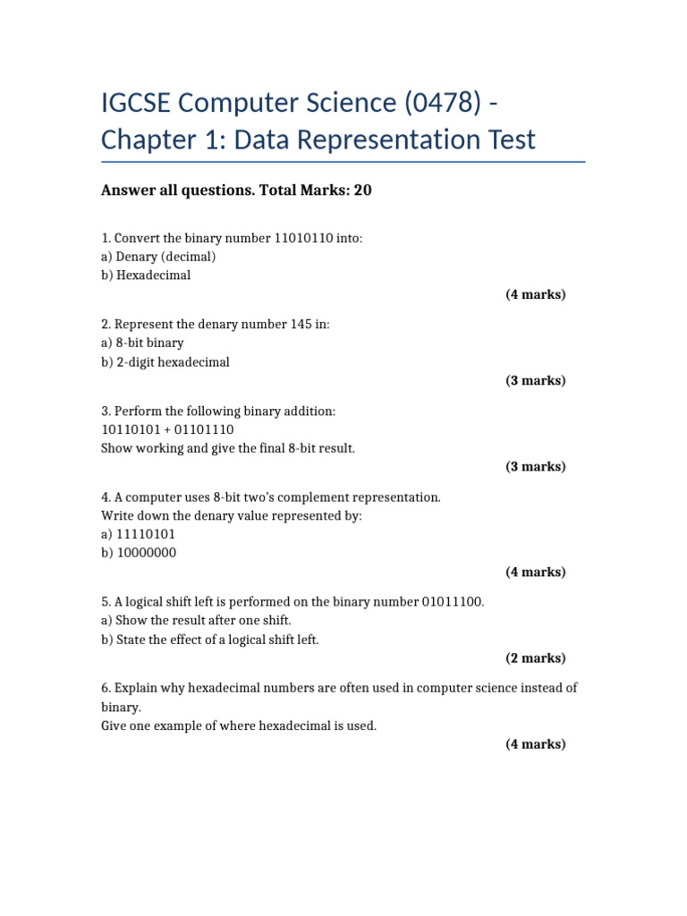 IGCSE Computer Science Data Representation Test | PDF