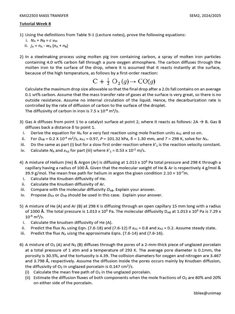 Mass Transfer Calculations and Concepts | PDF | Diffusion | Gases