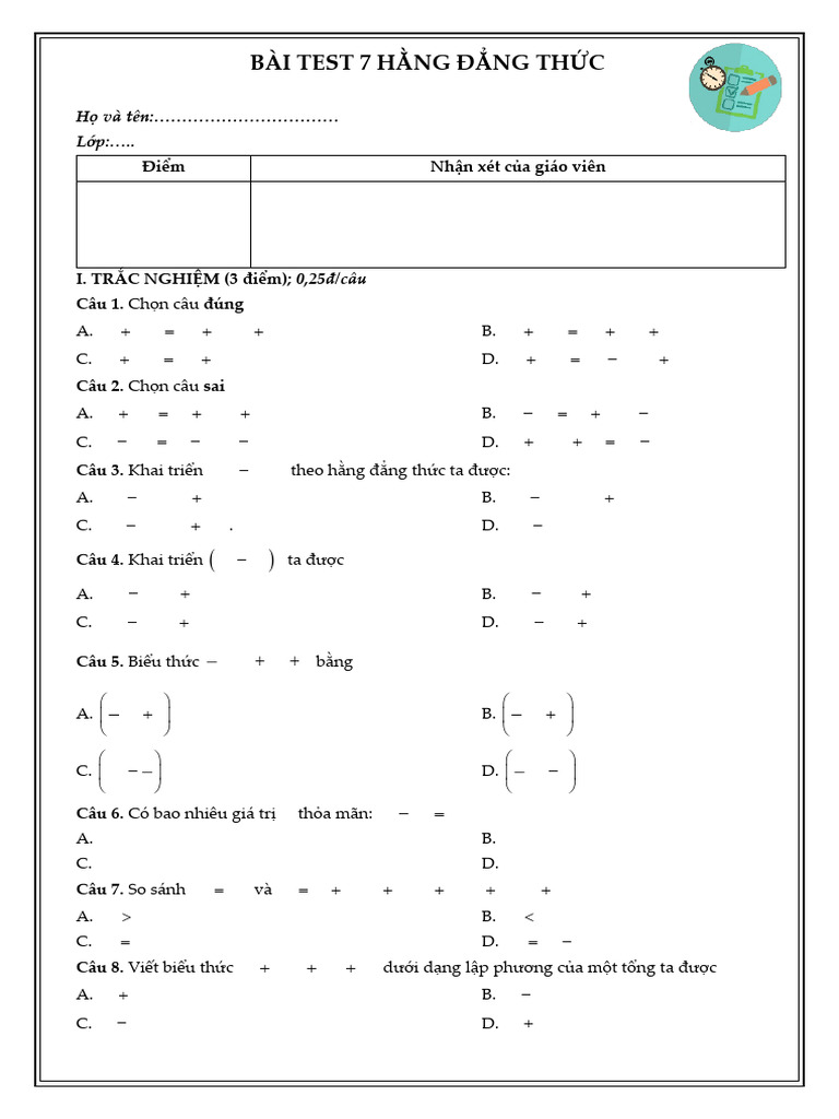 Bài Test 7 H Ng Th C: ọ và tên:…………………………… ớp:…. | PDF