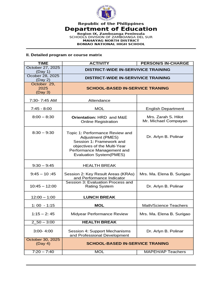 In-Service Training Program Schedule | PDF