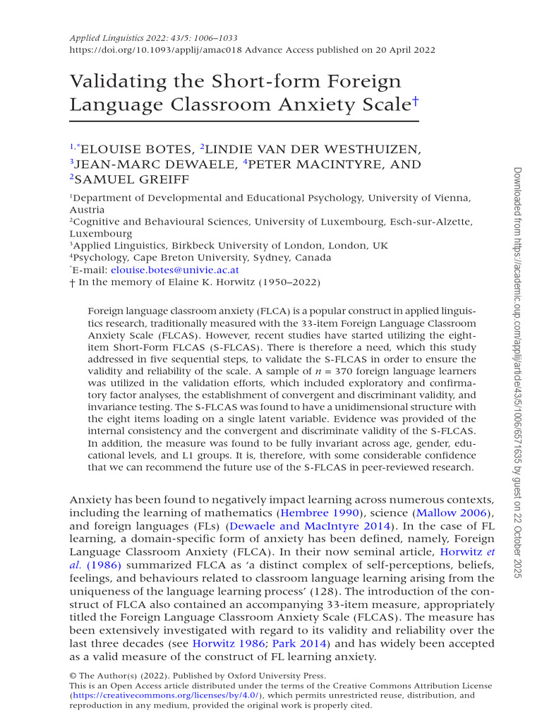 Validating the Short-Form FLCAS | PDF | Psychology