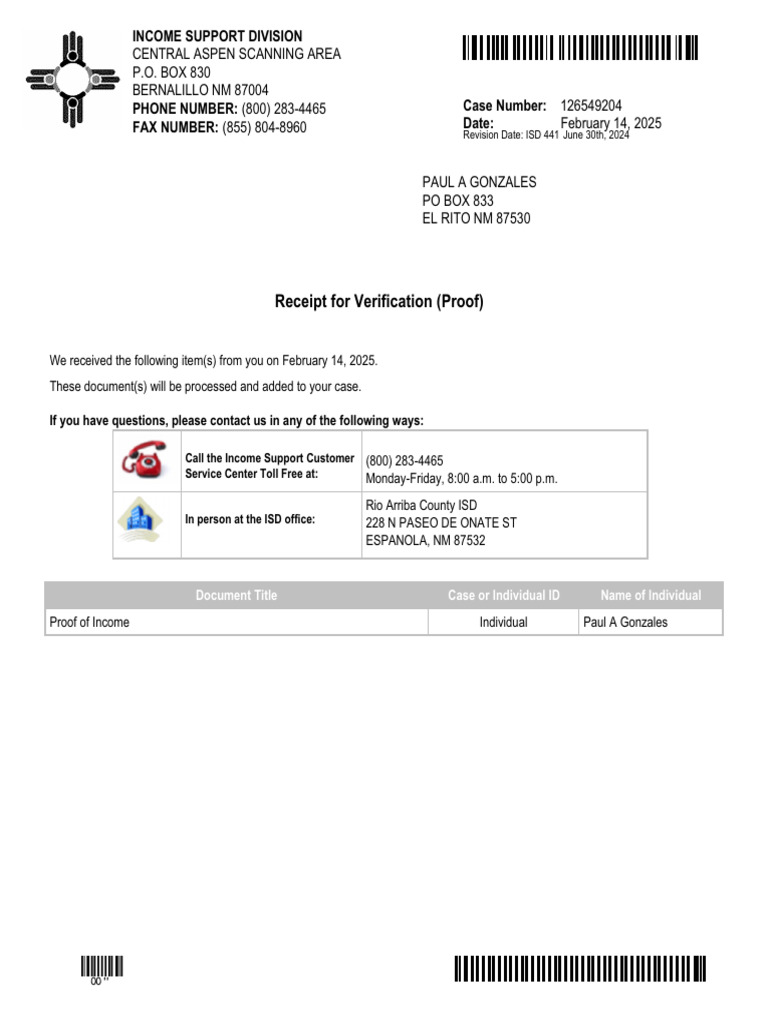 Income Support Verification Receipt | PDF | Social Security (United ...