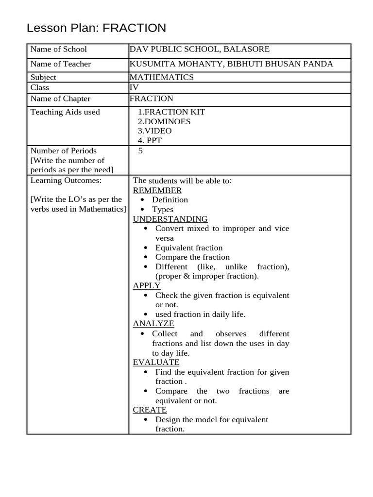 Fraction Lesson Plan for Grade IV | PDF | Human Communication ...