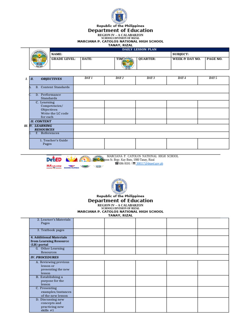 Daily Lesson Plan Template for Teachers | PDF | Lesson Plan | Learning