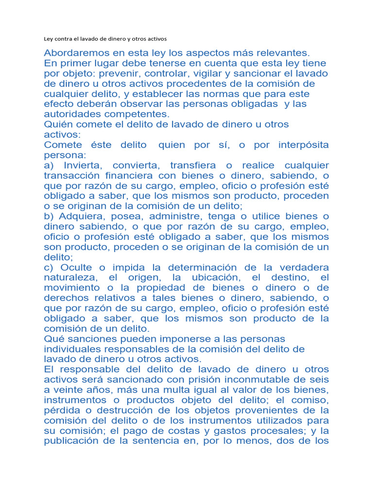 Ley Contra El Lavado de Dinero y Otros Activos | PDF | Bancos | Moneda