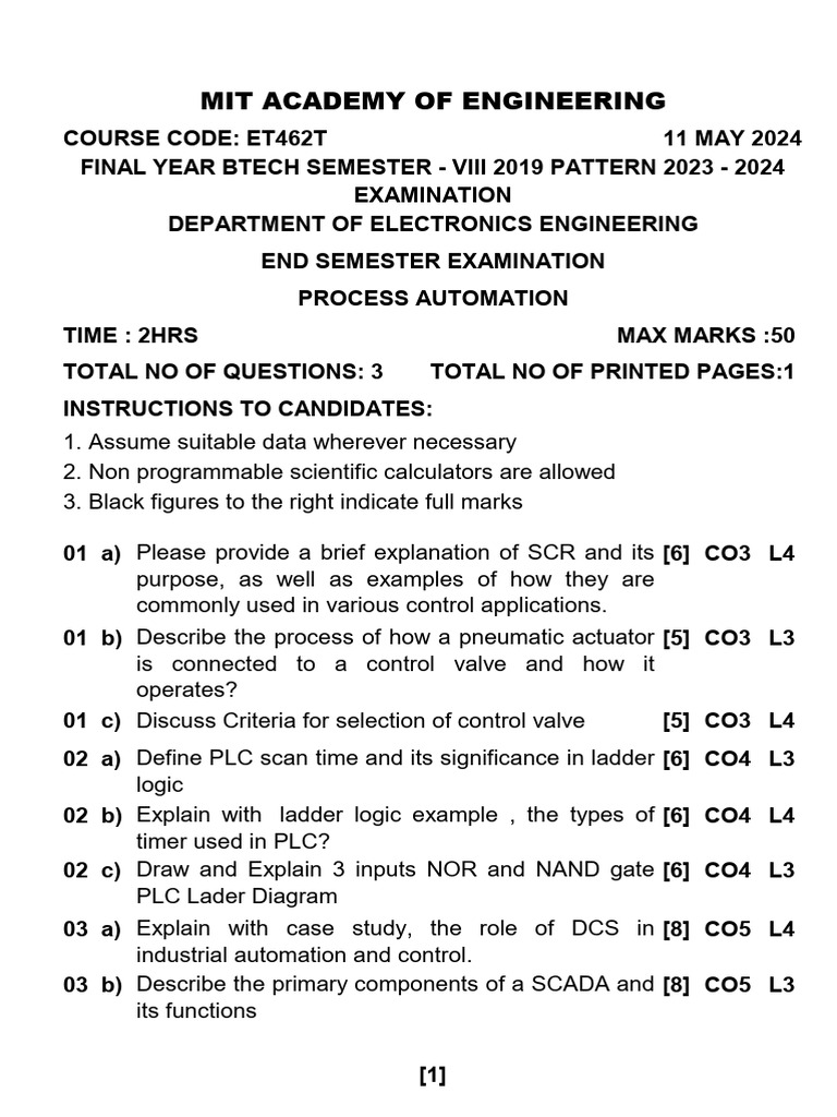 Btech ET Proess Automation SEM-VIII MAY 2024 | PDF