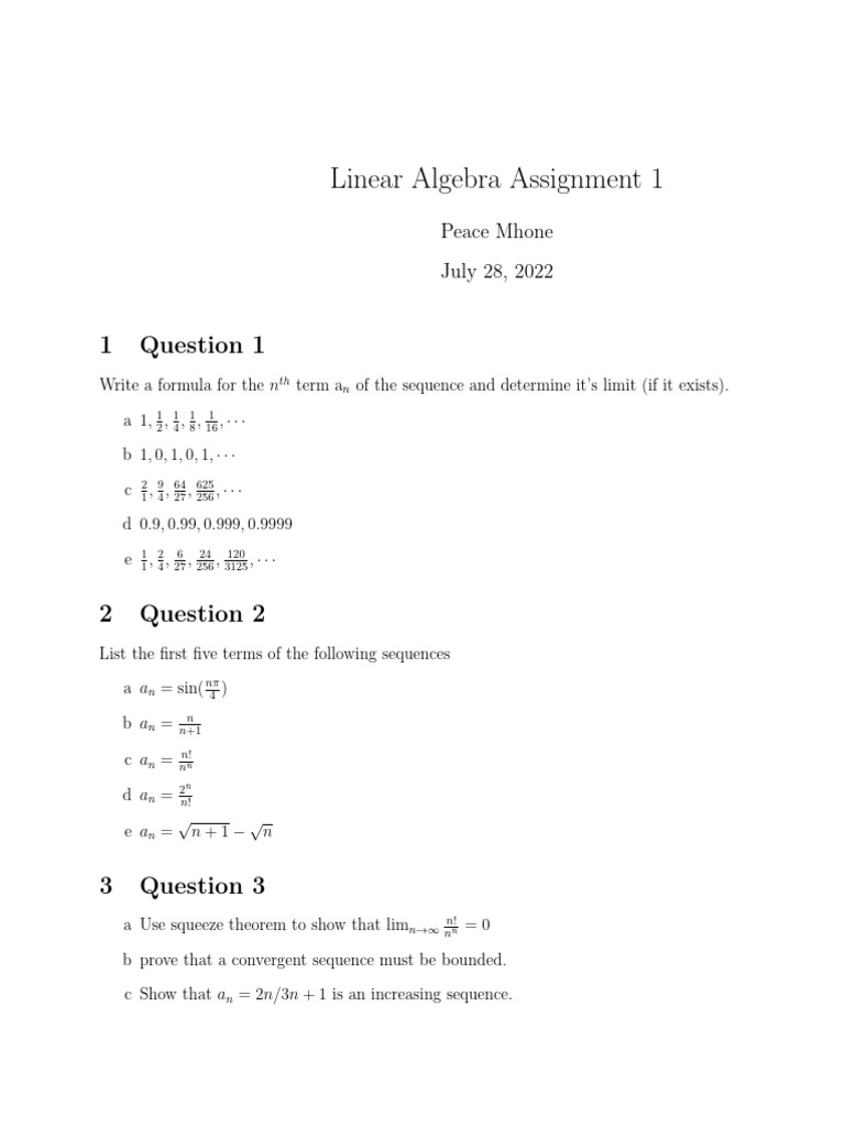 Linear Algebra Assignment: Sequences & Limits | PDF