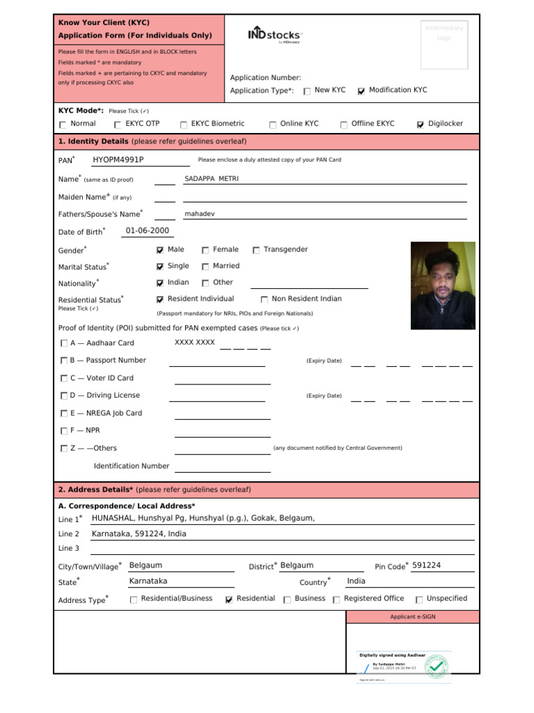KYC Application Form for Individuals | PDF | Identity Document | Stocks