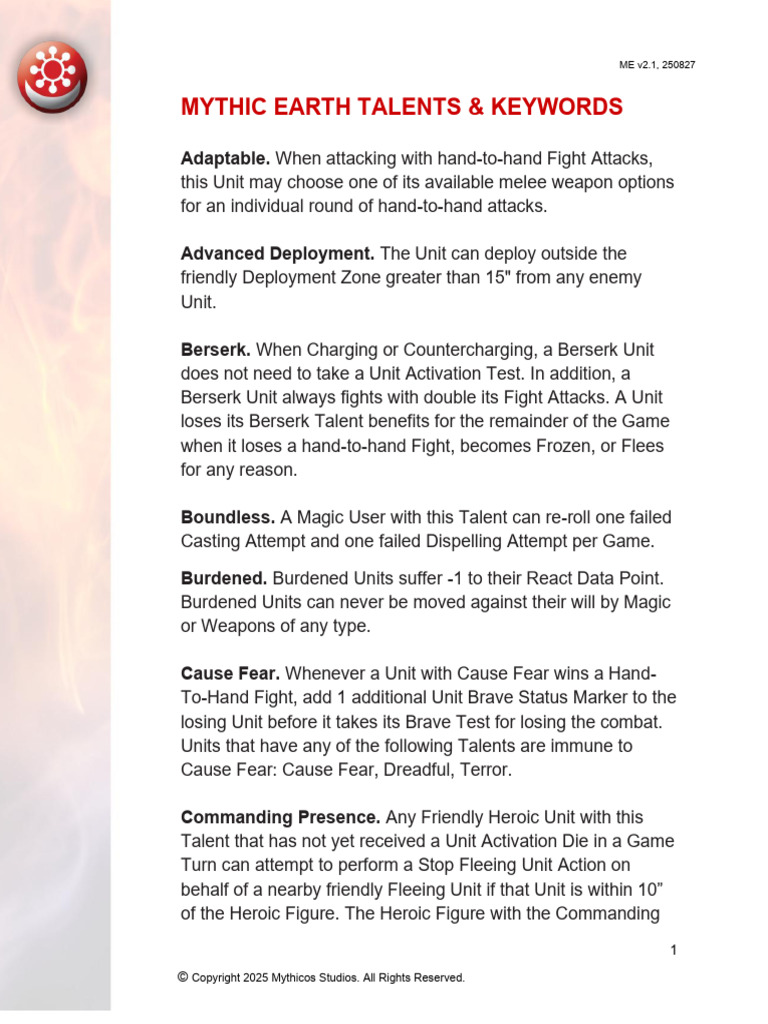 Mythic Earth Talents & Keywords Guide | PDF | Military