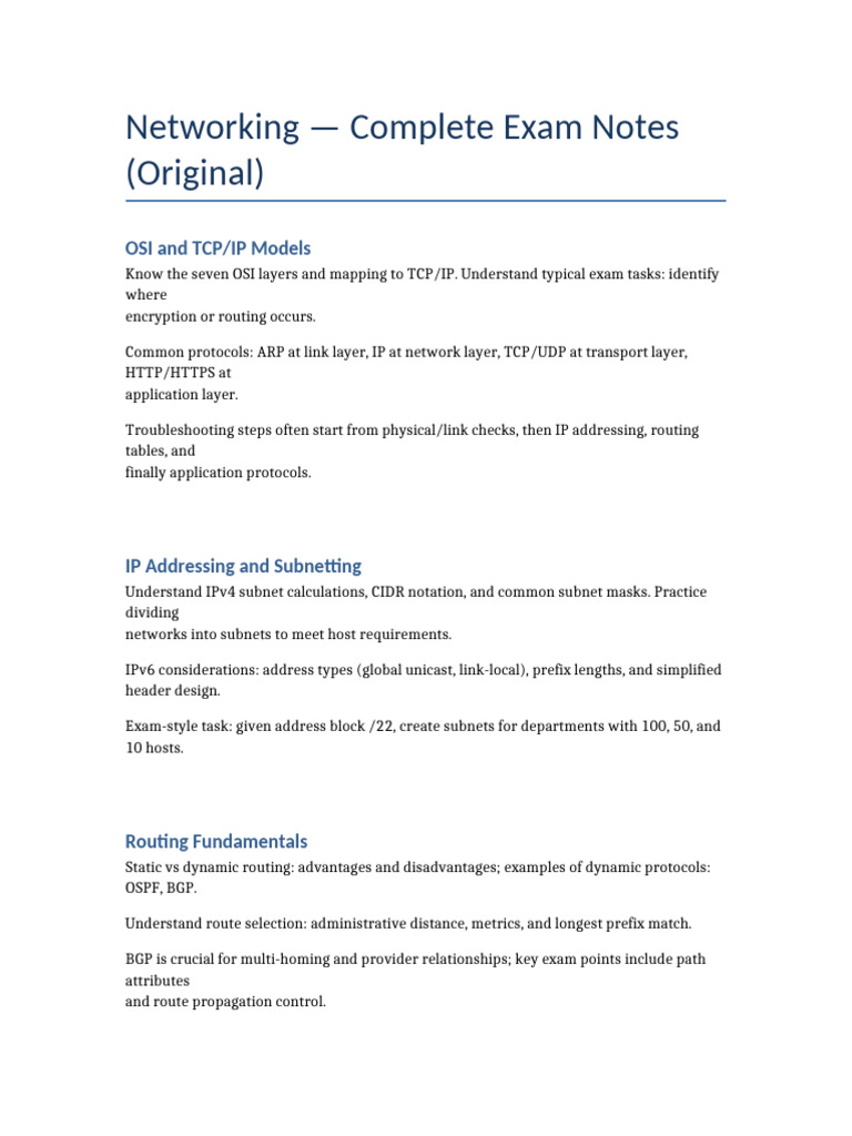 Comprehensive Networking Exam Notes | PDF | Ip Address | Computer Network