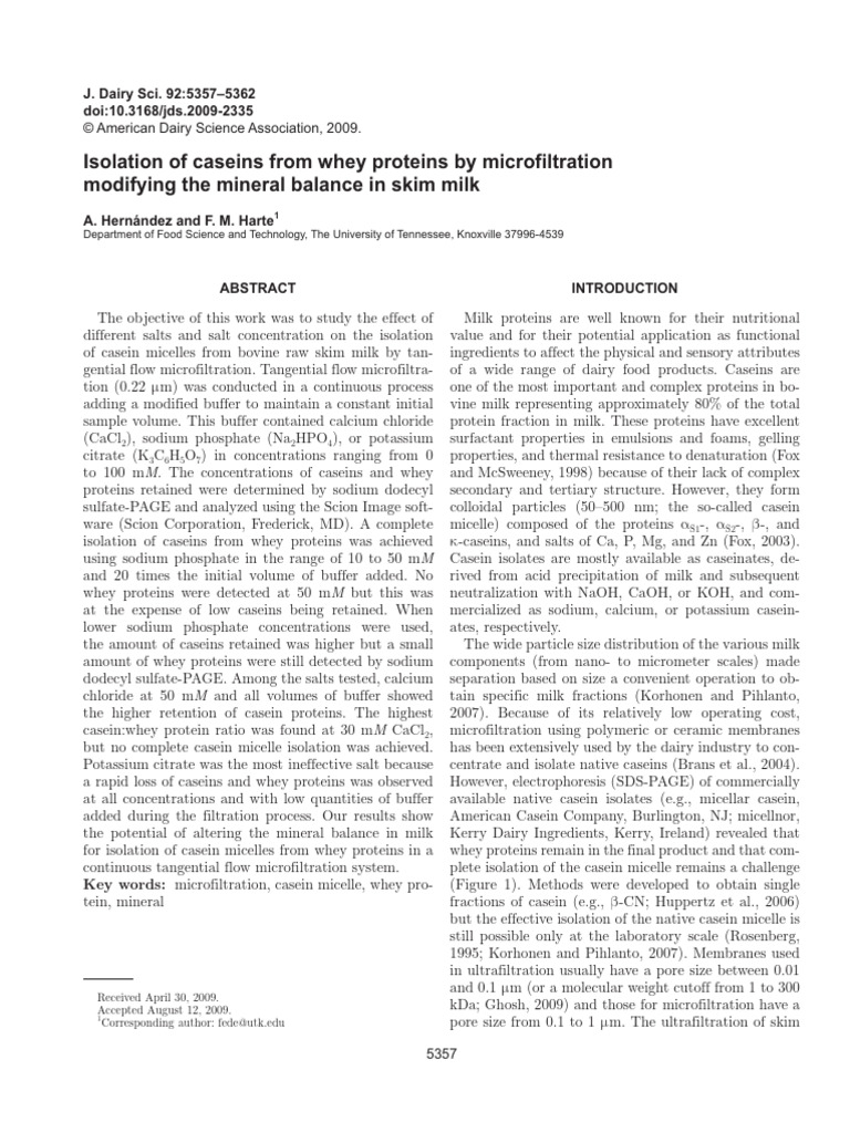 Casein Isolation from Whey via Microfiltration | PDF | Milk | Sodium
