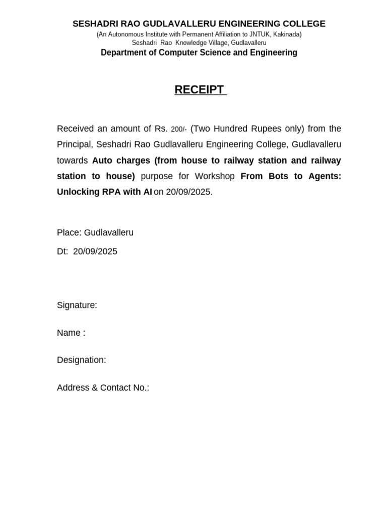 Receipt for RPA Workshop Charges | PDF
