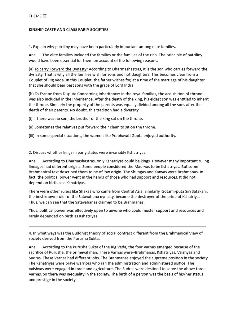 History Theme III Kinship Caste and Class Early Society | PDF