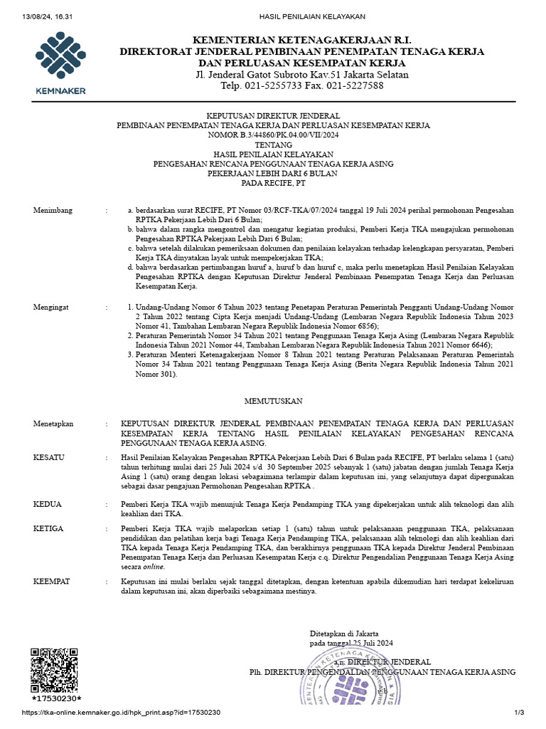 Hasil Penilaian Kelayakan RPTKA | PDF