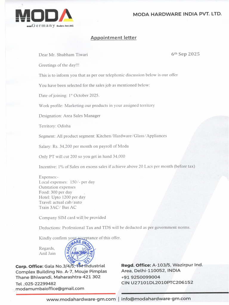 Shubham Tiwari Offer Letter | PDF