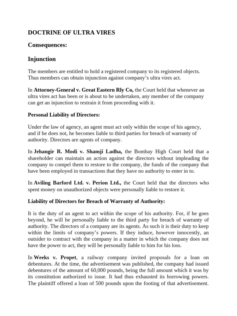 Understanding Ultra Vires Doctrine and Liability | PDF | Tort | Legal ...