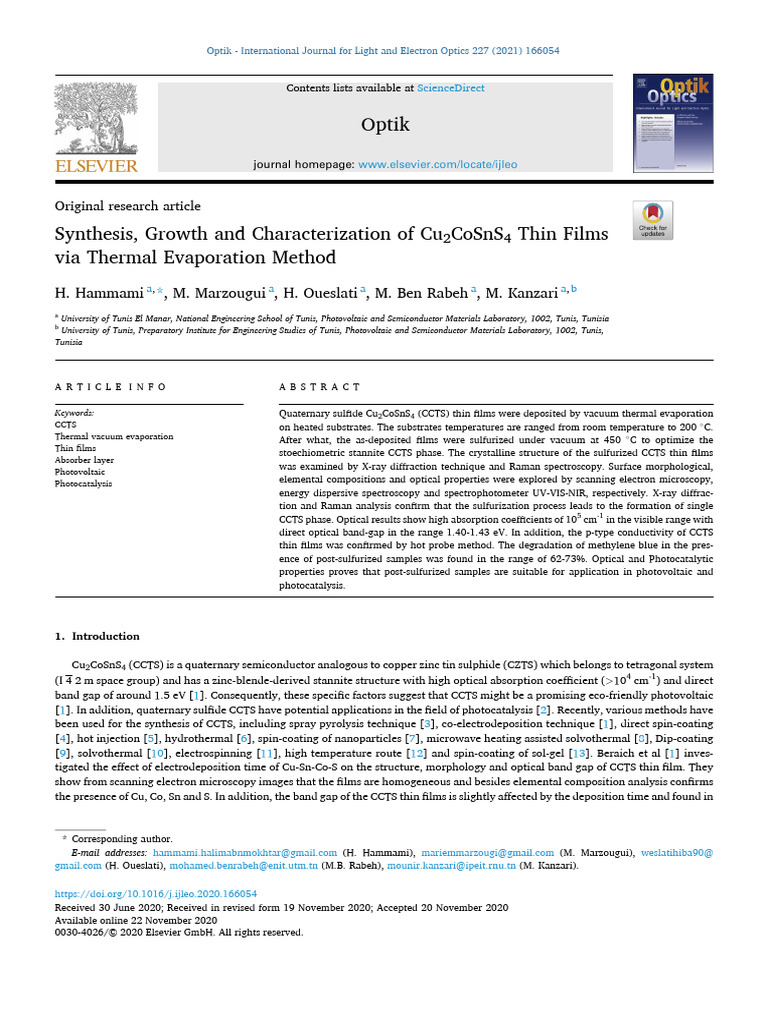 Cu2CoSnS4 Thin Films: Synthesis & Properties | PDF | Thin Film ...