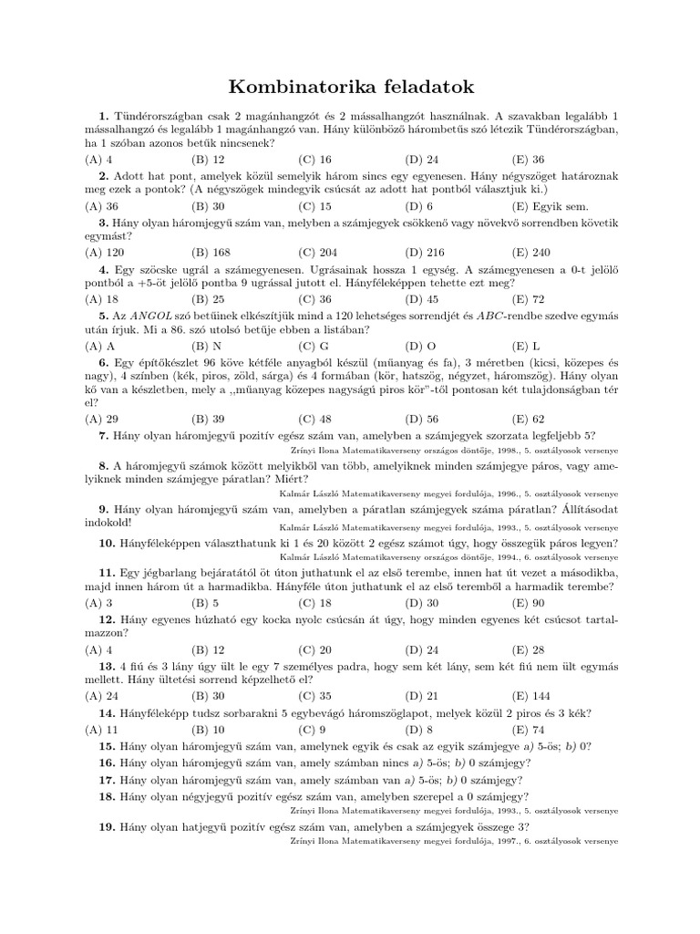 Róka - Sándor - Kombinatórikai Feladatok | PDF