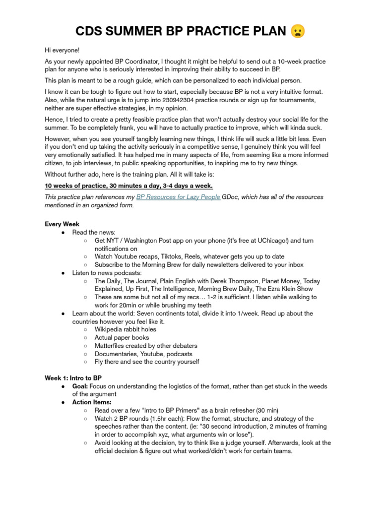 10-Week BP Practice Plan Guide | PDF