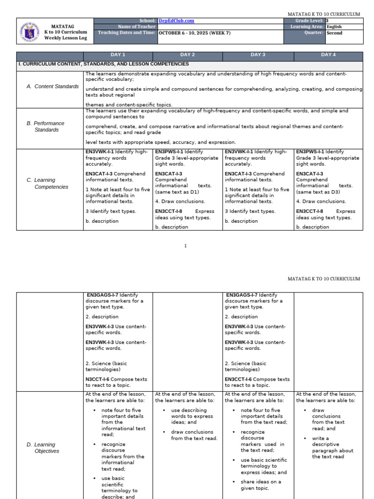 English 3 Week 7 Lesson Plan | PDF | Coconut | Trees