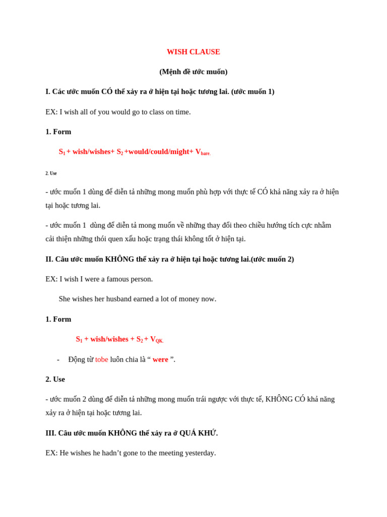 Wish Clause Exercises With Answer Key | PDF