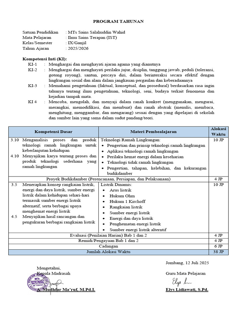 Program Tahunan IST Kelas IX 2025/2026 | PDF