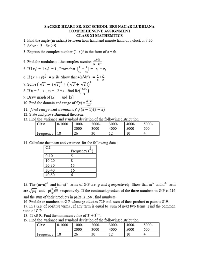 Class XI Mathematics Assignment Guide | PDF | Variance | Standard Deviation