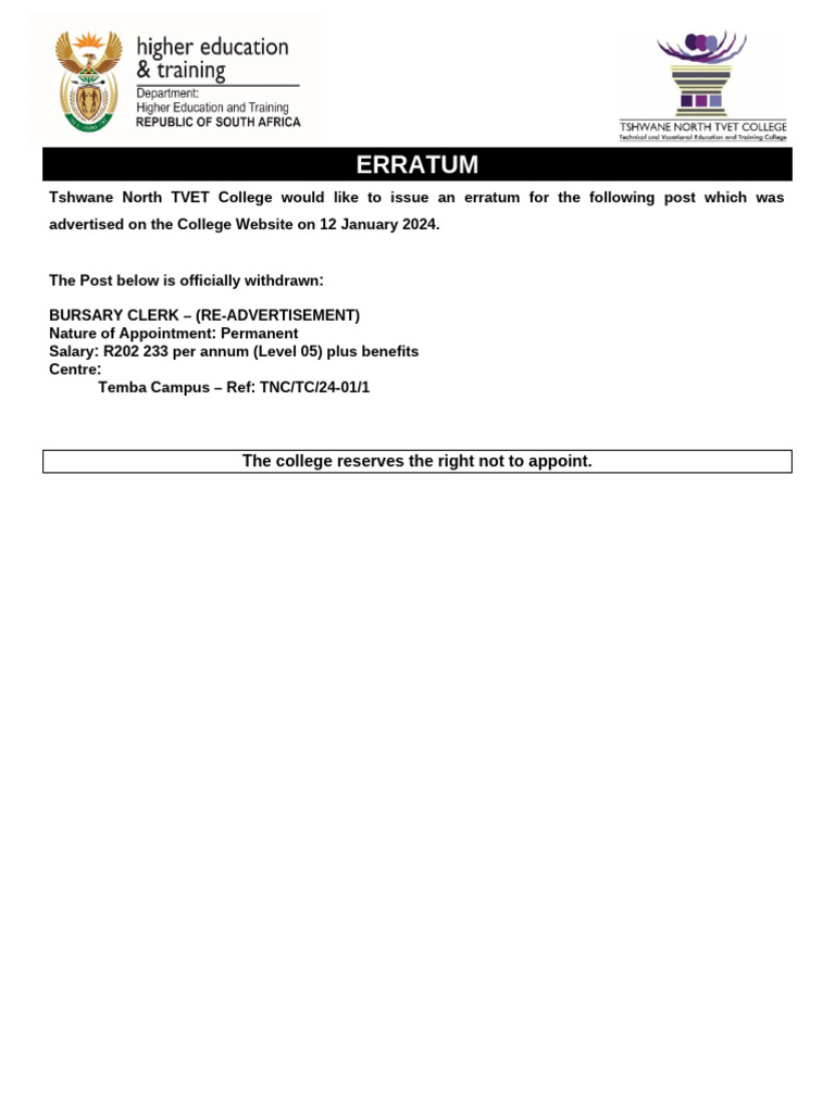 Erratum For Bursary Clerk Position | PDF