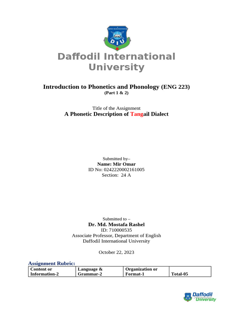 Assignment Topsheet Introduction To Phonetics and Phonology Cover Page ...