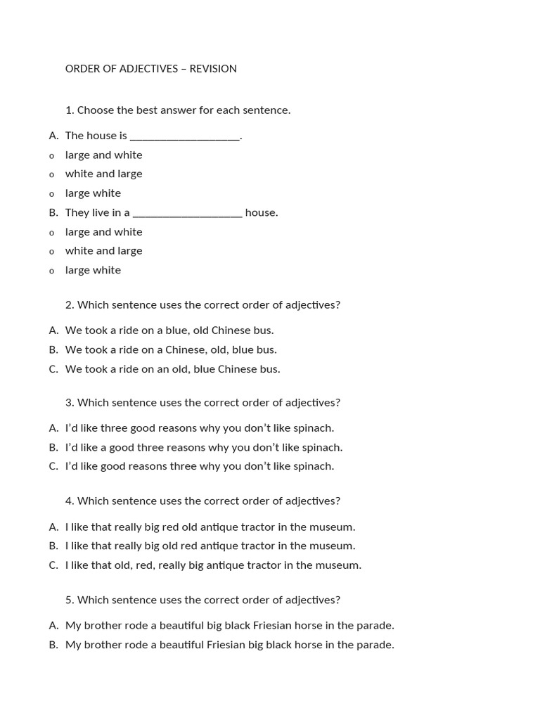 Order of Adjectives Practice Quiz | PDF | Chess Theory | Chess