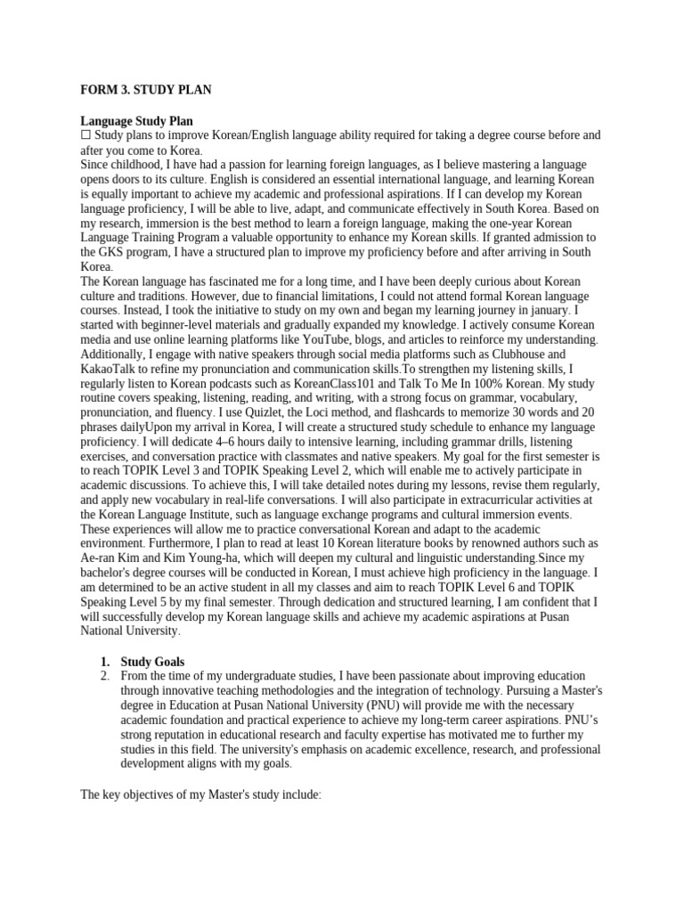 Korean Language Study Plan for Education | PDF | Korean Language ...
