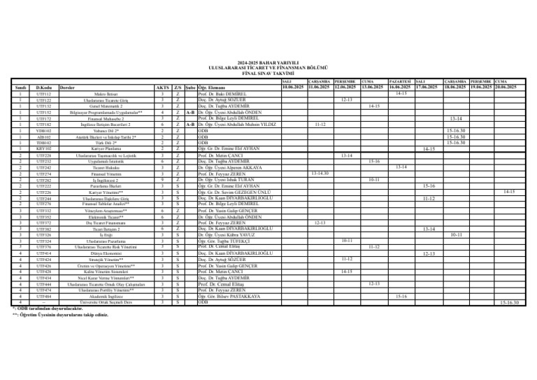 UTF 2024-25 Bahar Final Programı - XLSX - UTF | PDF