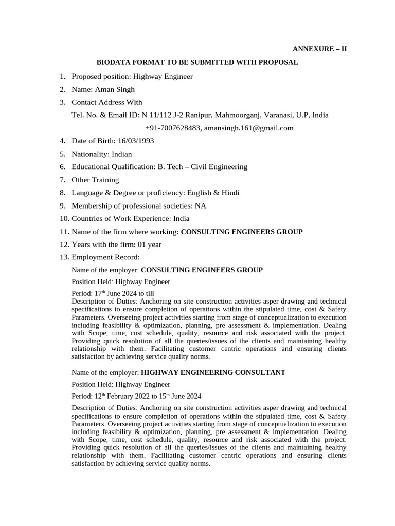 Highway Engineer Biodata Format | PDF | Business