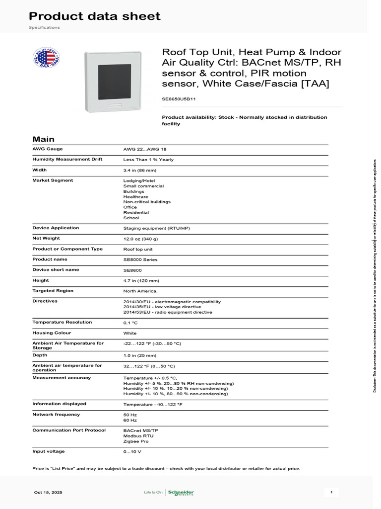 Schneider Electric SpaceLogic-SE8000-Room-Controller SE8650U5B11 (1 ...