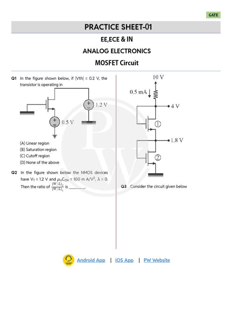 MOSFET Circuit - Practice Sheet 01 | PDF | Mosfet | Field Effect Transistor
