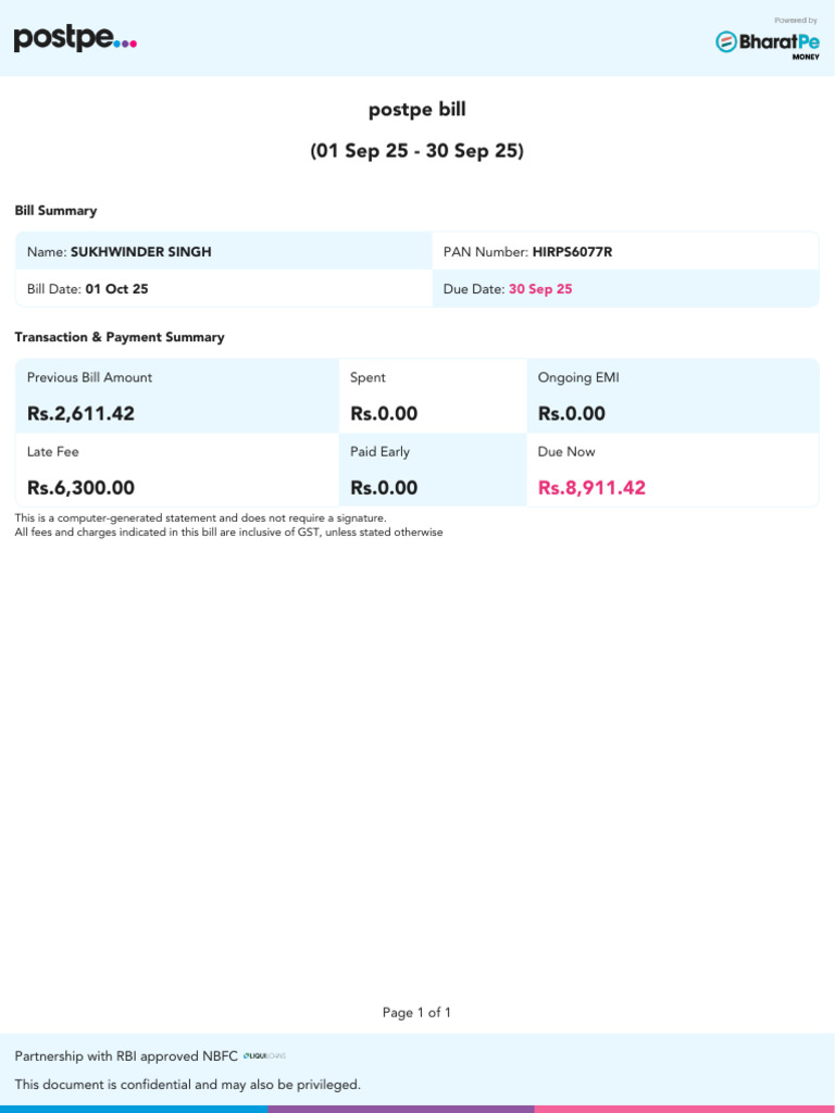 Postpe Bill (01 Sep 25 - 30 Sep 25) | PDF