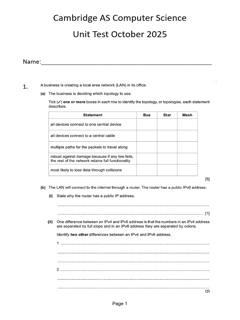 Cambridge AS Computer Science Test 2025 | PDF